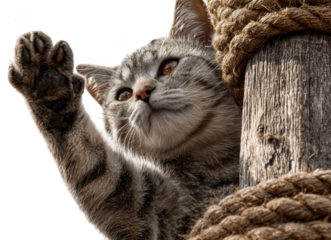 Gray tabby cat reaching out from a scratching post with rope and wood in a close up view outdoors