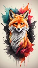 Obraz premium A watercolor painting of a fox, with vibrant orange and white colors, and colorful paint splashes in the background.