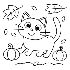 Cute cartoon cat with pumpkins and autumn leaves coloring page kitten animal