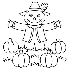Friendly cartoon scarecrow surrounded by pumpkins in a field line art autumn fall