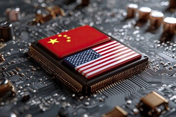 Close-up of a computer chip with Chinese and US flags, atop a circuit board.  The flags are positioned atop the chip, symbolic of global tech competition