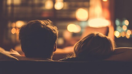 Fototapeta premium Two silhouettes sit closely together in a dimly lit room with warm ambient lighting and hanging lamps,