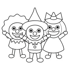 Three happy cartoon characters dressed as a clown, a jester, and a princess with a crown children