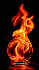 Glass orb with fiery, swirling flames. The bright, orange light contrasts with the dark background, creating a dramatic visual.
