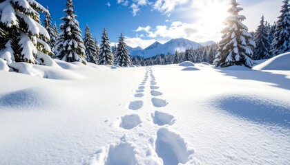 Obraz premium Snowy path through a winter forest, footprints in deep snow leading to mountains under a bright blue sky