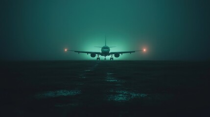 Silhouetted airplane on a foggy runway at night