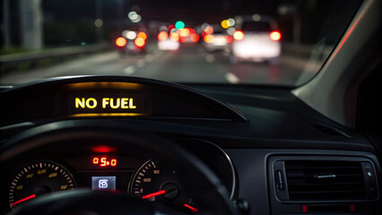 Car dashboard displays No Fuel warning while driving at night on busy road, highlighting urgency of refueling