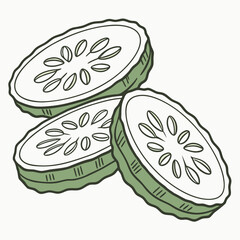 Illustration of three cucumber slices, fresh and green isolated on white background