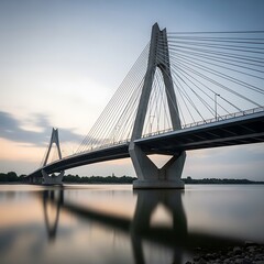 Obraz premium Modern cable-stayed bridge over calm water at dawn.