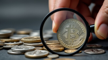 Global inflation concept ,hand holding magnifying glass over Bitcoin among various coins, showcasing detail and focus