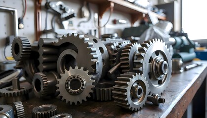 Collection of various metal gears arranged on a wooden table in a workshop, highlighting industrial components and mechanical details.