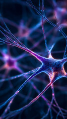 A digitally generated visualization of interconnected neurons, rendered in vibrant blue and purple hues against a dark backdrop.