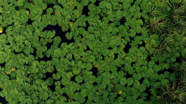 Aerial view of lush green lily pads floating on dark water, surrounded by grass, creating a serene and natural landscape. - Powered by Adobe
