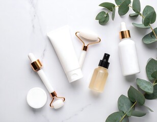 Flatlay of skincare products and eucalyptus on marble