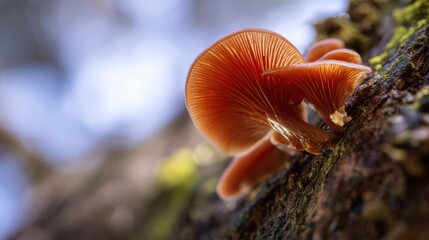A close-up of vibrant orange mushrooms growing on a tree bark, showcasing intricate gills and natural textures in a blurred background.