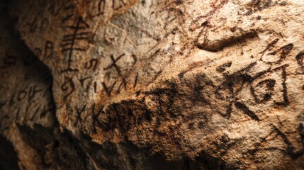 An ancient rock surface featuring various inscriptions and markings, showcasing historical artwork or writing.