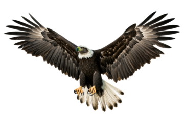 Majestic eagle soaring with outstretched wings against clear sky