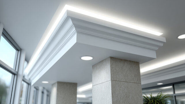 Modern ceiling with elegant lighting and decorative trim.