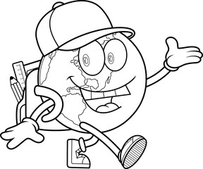 School Earth Globe Cartoon Character Walking With Backpack And Cap – Black and White Vector Hand Drawn Illustration Isolated On Transparent Background