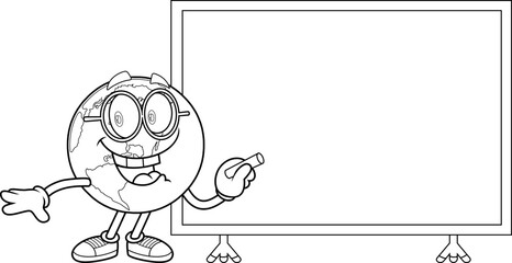 School Earth Globe Cartoon Character Writing On Whiteboard With Chalk – Black and White Vector Hand Drawn Illustration Isolated On Transparent Background