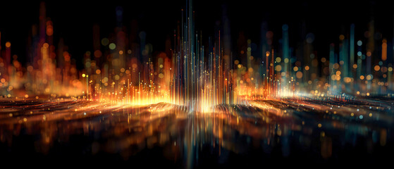 Digital data streams create a dynamic abstract landscape, with light particles reflecting off a dark, shiny surface.