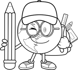 School Earth Globe Cartoon Character Holding Giant Pencil and Wearing Backpack – Black and White Vector Hand Drawn Illustration Isolated On Transparent Background