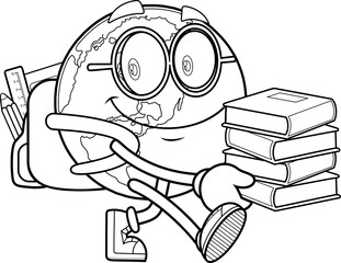 School Earth Globe Cartoon Character Walking With Backpack And Carrying Stack Of Books – Black and White Vector Hand Drawn Illustration Isolated On Transparent Background