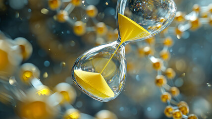 Hourglass with golden sand, time is fleeting, a reminder to cherish every moment, with a molecular background.
