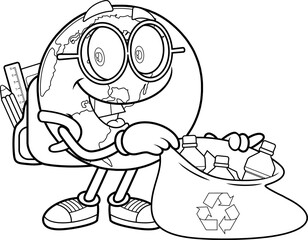 School Earth Globe Cartoon Character Holding Recycling Bag With Plastic Bottles – Black and White Vector Hand Drawn Illustration Isolated On Transparent Background