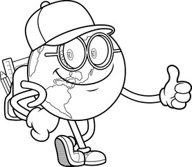 School Earth Globe Cartoon Character Giving Thumbs Up – Black and White Vector Hand Drawn Illustration Isolated On Transparent Background