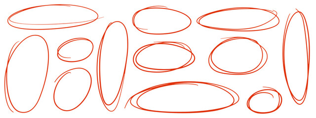 Hand drawn red crayon ovals and circles. Ellipses pencil doodle style set. Red round rough thin frames. Round freehand shapes, emphasis highlights. Vector ink illustration. Rough crayon circles