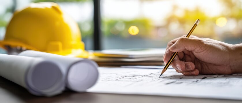The detailed architectural sketching process on a construction project desk.