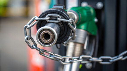 Oil crisis concept ,Gasoline nozzle secured with chain, showcasing close up view of locking mechanism and details