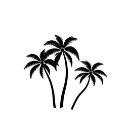 Three black silhouette palm trees illustration set on white background. Tropical, exotic, summer, vacation, beach vibes. Vector graphic design elements.