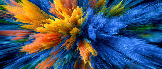 Obraz premium Vibrant explosion of color, with dynamic streaks of yellow, orange, and blue converging in a central burst, radiates energy.