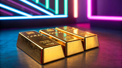 Gold bar stack concept ,Luxurious gold bars with vibrant neon background create eye catching display