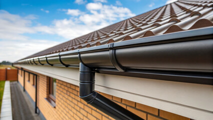 Home Construction Process concept ,modern gutter system mounted under roof captures rainwater effectively