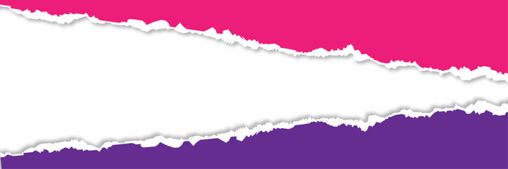 Realistic Torn pink and purple paper Sheet with shadow on transparent background. Ripped edge texture. Copy space. Modern Template for Banner header Poster Business Design. Vector illustration