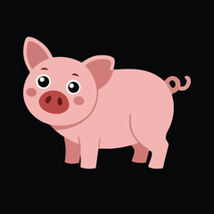 Pink cartoon pig with curly tail on black background