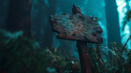 Old wooden signboard standing in eerie dark forest under moonlight on Halloween night. Mysterious spooky atmosphere with haunted woodland background, perfect for horror or autumn season concepts