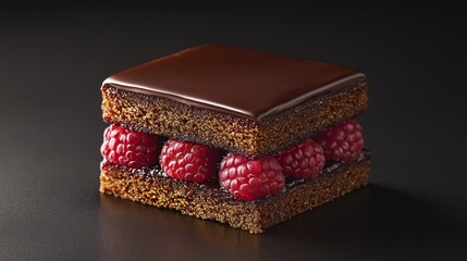 Obraz premium Square chocolate cake layered with fresh raspberries