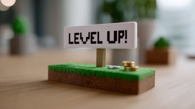Pixelated 'Level Up!' sign on a miniature grassy platform.