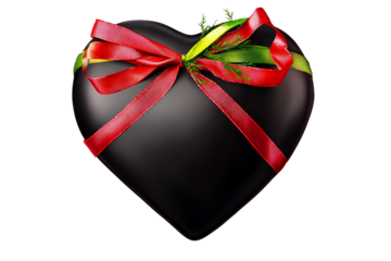 Gift box shaped like a heart with decorative ribbons and greenery