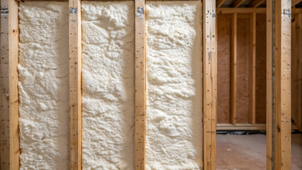 Home Construction Process concept ,Insulation material filling wall cavity construction setting, providing energy efficiency