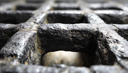 Close-up of a dark, textured metal grate