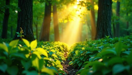 Fototapeta premium Golden light penetrates dense emerald foliage, creating ethereal glow, forest, nature