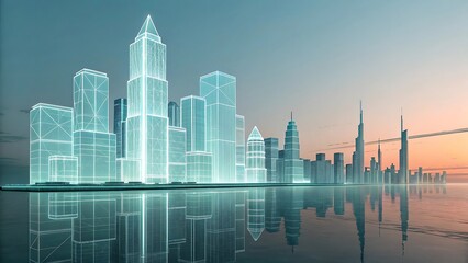 Futuristic glowing geometric skyscrapers reflected in water