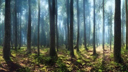 Fototapeta premium Sunlight streams through green autumn foliage, illuminating a winding path in the tranquil forest