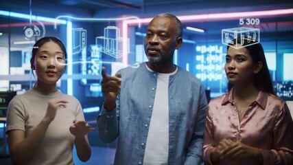 Diverse Business Team Interacting with Futuristic UI - Powered by Adobe