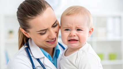 RSV concept ,Caring pediatrician comforting crying baby in bright clinic, showcasing tenderness and compassion